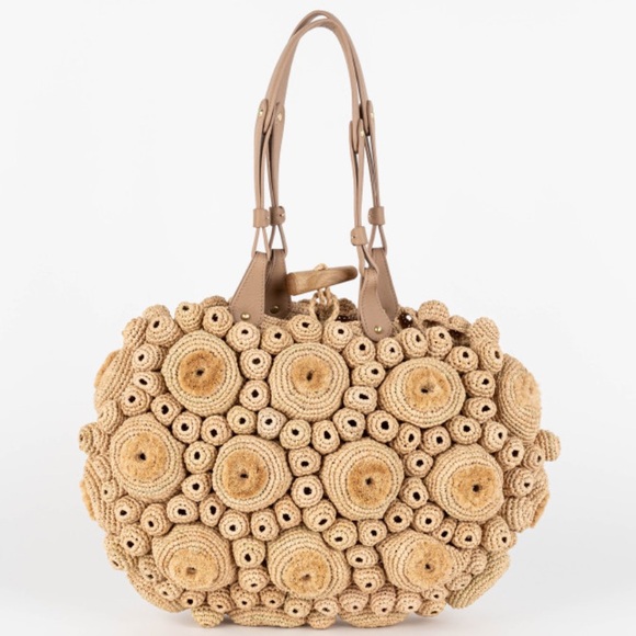 Handbags - Tan Shoulder Bag with Wooden Accents